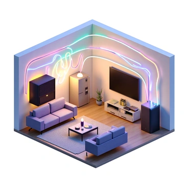 A power source represented as a compact, modern generator with a glowing core. Bright, vibrant energy flows in a dynamic wave form, branching out to connect with various devices throughout a cozy living room. The devices include a sleek flat-screen television, a contemporary refrigerator, and a stylish lamp, each emitting a soft glow as they receive energy. The room is furnished with a comfortable couch and a small coffee table, creating a warm and inviting atmosphere. The energy flow is visually striking, with colors transitioning smoothly along the pathways to each device.