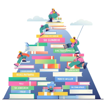 A large mountain made entirely of stacked books is depicted in the image. Each book features a distinct cover design representing a different language, including titles in vibrant colors and varied fonts. A group of climbers is ascending the mountain, each wearing brightly colored outdoor gear. The climbers are positioned at different heights on the mountain, using climbing gear and ropes for support. The scene captures their determination and focus as they navigate the textured spines of the books that create the mountain's slopes. The sky above is clear with a few fluffy clouds visible in the distance.