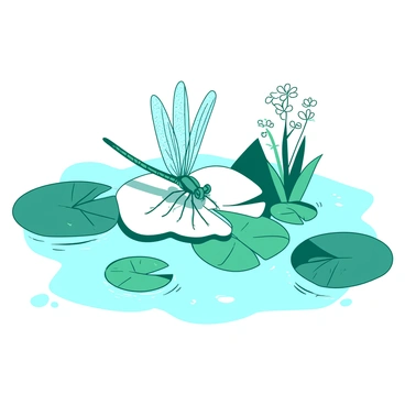 A teal dragonfly with intricate wings is resting on a white lily pad in the center of a calm pond. The dragonfly's body is slender and glimmers in the light, showcasing fine details in its translucent wings. Surrounding the lily pad, there are several green leaves floating gently on the water's surface, reflecting the soft ripples of the pond. The scene is serene, with a few small white flowers blooming nearby, enhancing the tranquil atmosphere.