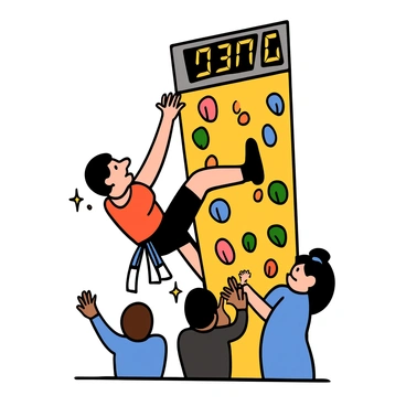 A climber with light skin and short black hair is scaling a tall, colorful climbing wall filled with various grips and holds. The climber is wearing a bright red tank top and black climbing shorts, with a harness secured around their waist. A digital timer is prominently displayed in the upper corner of the image, counting down as the climber hurries upward. Their face shows concentration and determination as they reach for the next hold, showcasing muscles in action. The background features blurred spectators watching intently, adding to the competitive atmosphere.