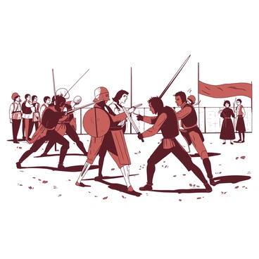 A group of actors dressed in detailed period costumes is engaged in a historical battle scene during a reenactment event. The actors are positioned in dynamic poses, wielding weapons such as swords and shields. Some are charging forward while others are standing their ground. The ground is covered with scattered leaves and grass, giving a natural setting to the scene. In the background, a few spectators are watching with expressions of excitement while standing behind a rope barrier. The sky above is clear, and the sunlight casts distinct shadows on the actors, highlighting the intricate details of their costumes.