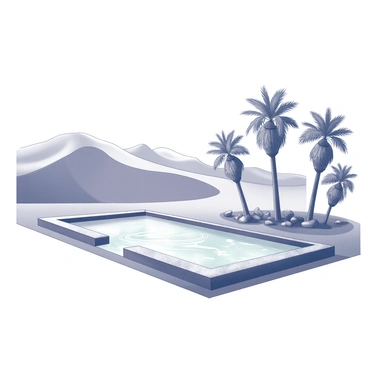 A pool with clear, inviting water is situated in a desert oasis. The edges of the pool are lined with smooth stones, creating a natural look. Surrounding the pool are soft, lush green palm trees providing shade. Tall sand dunes rise majestically in the background, their curves and slopes stretching towards the horizon. The scene captures a tranquil atmosphere, with gentle ripples on the water’s surface reflecting the serenity of the oasis.