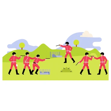 A diorama featuring multiple toy soldiers dressed as "Redcoats" from the American Revolution. The soldiers stand in different poses, with their red coats and black tricorn hats clearly visible. The scene includes a miniature battle setup, with green grass, small trees, and tiny barricades. Some toy soldiers are firing muskets, while others are positioned to march forward. In the background, there are small hills and a blue sky with fluffy white clouds, enhancing the historical theme of the diorama.