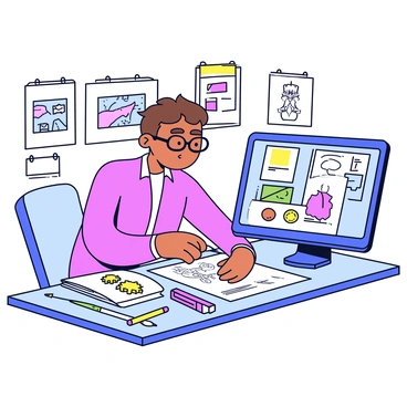 An expert illustrator is focused on creating editorial illustrations for a magazine. The illustrator has short brown hair and is wearing glasses, with a pencil held in one hand. Around the illustrator are scattered various drafts of illustrations, featuring sketches and partially completed artworks. The workspace is organized yet cluttered, with colored markers and art supplies visible on the table. A computer screen displays a digital illustration in progress. The background showcases a wall adorned with pinned-up artworks and inspiration pieces.