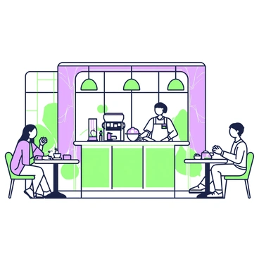 An elegant coffeehouse with a spacious interior featuring art deco design elements. The walls are adorned with geometric patterns, and elegantly styled light fixtures hang from the ceiling. In the center, a polished wooden counter displays an array of coffee machines and pastries. Several patrons are seated at small tables, each with a green tablecloth. One patron is reading a book, while another is engaged in conversation with a friend over steaming cups of coffee. A barista stands behind the counter, skillfully preparing drinks. Large windows allow natural light to stream in, illuminating the scene.