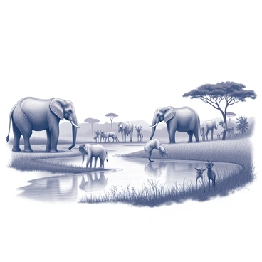 A lush landscape with the Congo River flowing through the scene. Several elephants are gathered at the riverbank, some drinking water while others are playfully splashing. A group of antelopes grazes nearby, their slender bodies poised gracefully among the greenery. Tall grasses and various trees frame the scene, creating a natural habitat. The sky above is clear, ensuring a bright atmosphere that highlights the wildlife's activity.