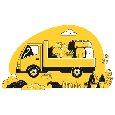A landscaping truck parked at a garden site, with the back filled with various items. The truck has bags of soil stacked neatly, containers of colorful plants, and gardening tools such as shovels and rakes arranged in an orderly fashion. The scene includes patches of grass and some flowering plants around the truck, indicating an active gardening project underway. The sky is clear, and the sunlight casts shadows on the ground, enhancing the visual details of the setting.