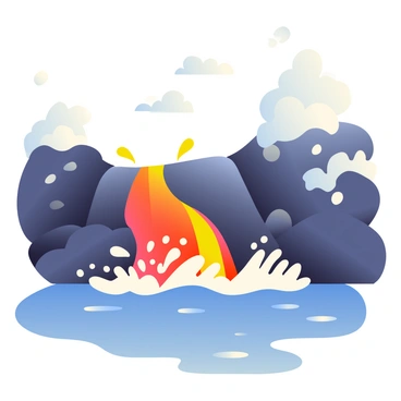 Molten lava in vibrant orange and red hues is flowing down the rocky landscape toward the ocean. The lava is creating a dynamic stream that glimmers as it descends, with splashes and splatters forming as it meets the water. The ocean is a deep blue, contrasting sharply with the fiery lava. As the lava enters the ocean, it generates large clouds of steam that billow upward, filling the air with a soft mist. The scene captures the dramatic interaction between the hot lava and the cool water, with swirling steam creating a sense of movement and energy.