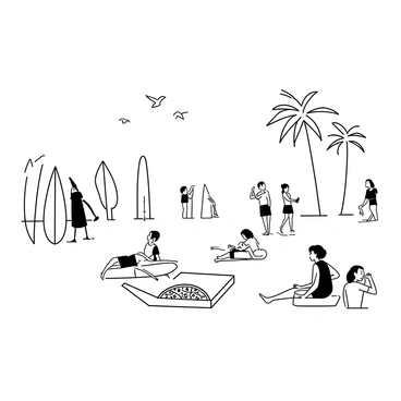 A beach scene featuring several colorful surfboards planted in the sand. In the background, tall palm trees sway gently. On the sandy shore, a group of people is engaged in various activities; some are playing frisbee, while others are lounging on beach towels. A large pizza box is open, revealing slices of pizza piled inside. The sun is shining brightly, creating a lively atmosphere with a few seagulls flying above.