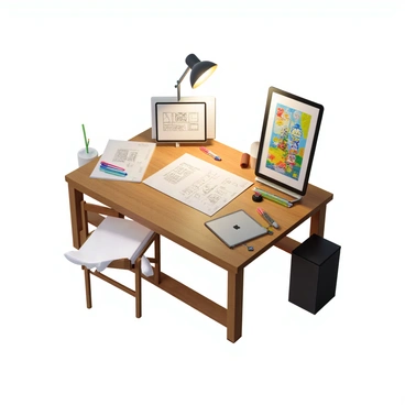 A workspace with a large wooden table covered in various drawing materials and tools. On the table, there are sheets of paper in different stages of the artistic process: a rough sketch with pencil lines, a refined draft with inked outlines, and a vibrant finished illustration. The rough sketch shows basic shapes and figures, with annotations in the margins. The refined draft has clearer lines and some added details, while the completed illustration bursts with color and complexity, depicting a lively scene. Scattered around the workspace are colored pencils, markers, erasers, and a digital tablet, showcasing the tools used throughout the process. A warm light from a nearby lamp highlights the artworks and creates a focused atmosphere.