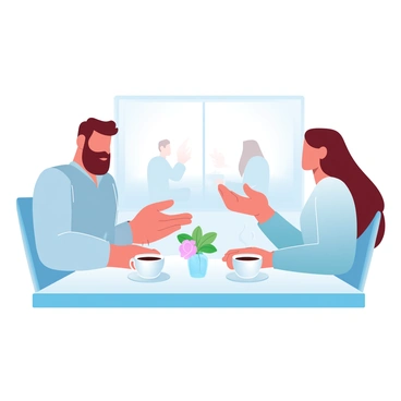 A man with a beard is sitting at a café table across from a woman with long hair. The table is set with two coffee cups and a small vase with a flower. The man has his hands resting on the table, leaning slightly forward, while the woman is gesturing with one hand as she speaks. In the background, there are more tables with patrons, and a large window lets in soft, natural light. A steaming coffee cup is prominently visible in front of each of them.