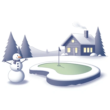 A golf hole covered in snow, featuring a perfectly shaped green surrounded by white drifts. A snowman stands beside the hole, adorned with a carrot nose and a scarf, with two coal eyes and a smile. In the background, a warm cabin is nestled among the trees, with smoke curling from its chimney, indicating a cozy fire inside. The cabin has a wooden texture and large windows, enhancing its inviting appearance amidst the snowy landscape.