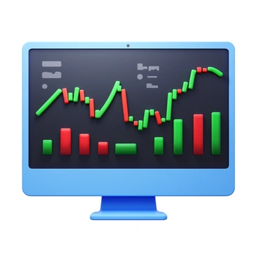 A digital screen displaying a graphical representation of stocks and shares. The screen features a variety of colorful line graphs and bar charts. Some lines are ascending, indicating rising stocks, while others are descending, showing falling shares. The background of the screen is dark, enhancing the visibility of the bright green and red colors used to represent gains and losses. The graphs display various data points and percentages to illustrate the market trends clearly.