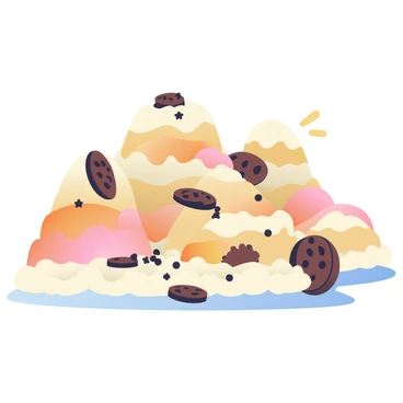 A rocky terrain is formed from stacked cookies and cream. The landscape features large, uneven mounds of cream-colored cookie layers, interspersed with dark chocolate cookie chunks. The surface appears textured and rugged, with various heights and crevices representing the roughness of a rocky environment. Some sections are dusted with crumbled cookie bits, adding detail to the scene. The overall composition resembles a whimsical dessert landscape, inviting exploration of its unique formations.