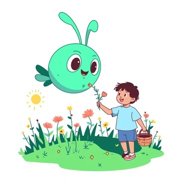 A teal beholder with large expressive eyes is floating gently above a vibrant green meadow. The beholder has a wide, friendly smile, and is extending a delicate orange flower toward a child. The child, with wide eyes filled with curiosity, is standing nearby, wearing a light blue shirt and holding a small basket. Bright wildflowers in various colors dot the meadow, creating a lively scene around them. The sun is shining down, casting soft shadows on the ground, enhancing the warmth of the moment.