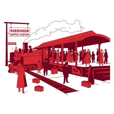 A red train station from the early 20th century is filled with passengers eagerly boarding a steam locomotive. The platform is crowded with people dressed in period clothing, including men in suits and women in long dresses and hats. There are large wooden suitcases scattered around, some being carried by the passengers. A vintage sign hangs above, indicating the train's destination. The locomotive is billowing steam, creating a misty atmosphere as it waits to depart.