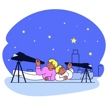A couple is lying side by side on a rooftop under a clear night sky filled with stars. They are surrounded by a few small pillows for comfort. Each of them has a telescope positioned next to them, pointed towards the sky. The telescopes have sleek black tubes and sturdy stands. The couple is looking through the telescopes, their faces illuminated by the soft glow of the stars. The city skyline is faintly visible in the background, adding context to their stargazing adventure.
