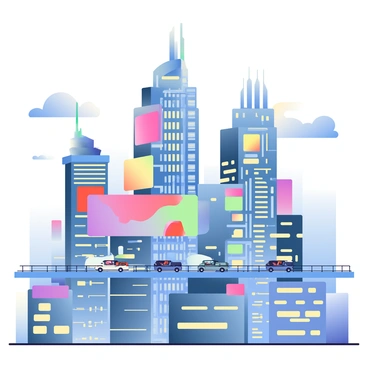 A digital cityscape features towering skyscrapers constructed from intricate circuit boards. The buildings have various heights and designs, with glowing LED lights integrated into their structures. Some skyscrapers have large digital screens displaying animated advertisements in vibrant colors. A network of elevated walkways connects the buildings, populated with small, futuristic vehicles moving silently. The sky above is a soft gradient transitioning from deep blue to light purple, dotted with abstract cloud formations, adding to the high-tech atmosphere.