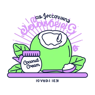 A retro-style advertisement is prominently featuring a coconut-based product. In the center, there is a large coconut with a cracked shell, revealing the white flesh inside. Surrounding the coconut, there are green leaves and tropical flowers, adding a vibrant touch to the composition. Above the coconut, the text reads "Pure Coconut Goodness" in bold, stylized letters. Below the coconut, a small jar labeled "Coconut Cream" sits on a wooden surface, alongside a few spoonfuls of the cream. A vintage sunburst pattern is subtly visible in the background, enhancing the retro theme.