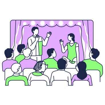 An audience is seated in a theater, facing a stage where actors are performing. The audience consists of a diverse group of individuals, including men and women of various ages. Some audience members are clapping with enthusiasm, while others are smiling and leaning forward in their seats. The actors on stage are taking a bow, with expressions of gratitude. The stage is illuminated by bright lights, and a curtain in the background adds depth to the scene.