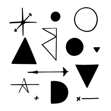 A series of precise black shapes, including triangles, circles, and rectangles, are meticulously arranged on a blank 1/8 illustration board. The shapes vary in size, creating a balanced composition with an emphasis on symmetry. Sharp lines define the edges of each geometric figure, producing a striking contrast against the empty background. The arrangement showcases a sense of harmony and simplicity in design.