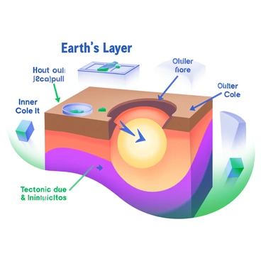 A detailed diagram showcasing "Earth's Layers." The illustration presents the outer crust in brown, the mantle in a gradient of orange and yellow, and the outer and inner core in shades of red and dark brown. The mantle is highlighted, with arrows indicating the process of "slab pull" through tectonic plates. Various labels point out the crust, mantle, outer core, and inner core, with a focus on the layers’ thicknesses. Additionally, there are illustrations of tectonic plates above the mantle, illustrating their interactions with the mantle below.