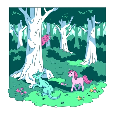 A dense forest filled with unusual trees that have twisted trunks and vibrant leaves. Various mythical creatures are peeking through the foliage; a small teal dragon with shimmering scales is partially hidden behind a large white tree trunk. Nearby, a pink unicorn stands gracefully, its mane flowing as it gazes curiously towards the viewer. The ground is covered in lush green moss, and there are clusters of colorful flowers scattered throughout the scene. Sunlight filters through the dense canopy above, creating dappled light patterns on the forest floor.