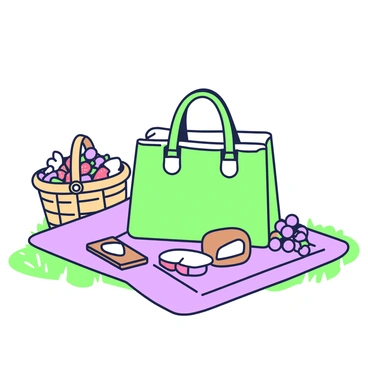 A "Chanel bag" is lying on a "picnic blanket" positioned on the grass. The bag is open, revealing its interior. Surrounding the bag, there is a "spread of fruits" including "grapes", "slices of cheese", and "strawberries" placed elegantly on the blanket. A "small wooden cutting board" supports a few pieces of cheese next to the fruits. In the background, a "basket" filled with additional snacks is partially visible. The scene conveys a leisurely outdoor picnic atmosphere.