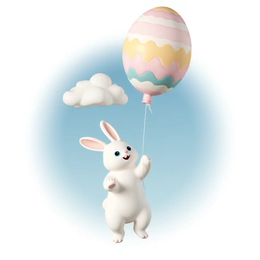 A fluffy white bunny with long ears and bright blue eyes is floating in the air, held aloft by a large, colorful balloon shaped like an Easter egg. The balloon is decorated with vibrant patterns of pastel colors, including pink, yellow, and green. The bunny's paws are outstretched as it enjoys the sensation of floating, with a gentle breeze ruffling its fur. The background features a clear blue sky and a few fluffy white clouds, creating a cheerful atmosphere.