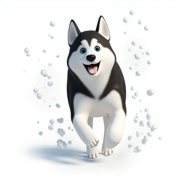 A Siberian husky joyfully running through the snow, its breath visible in the cold air
