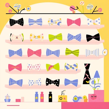 A collection of funky and quirky bow ties displayed in a shop