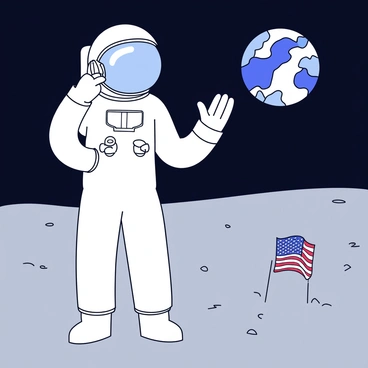 An Apollo astronaut in a white space suit with a reflective visor is standing on the gray lunar surface. The astronaut is holding a communication device to their helmet, speaking to mission control in Houston. The lunar surface is scattered with fine dust and small rocks. In the background, the Earth is visible as a bright blue and white sphere in the black sky. A small American flag is planted in the ground next to the astronaut.