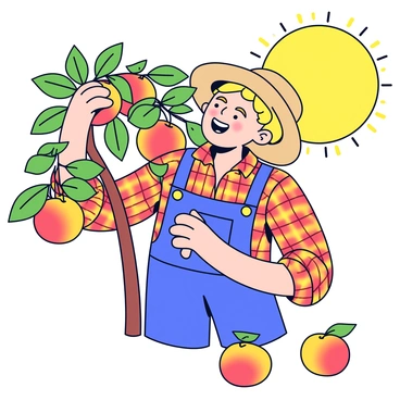 A farmer with a broad-brimmed hat is joyfully picking ripe peaches from a tree. The farmer is wearing a plaid shirt and denim overalls. The sun is rising in the background, casting a warm golden light over the scene. Peaches are bright and orange, with a few scattered on the ground below the tree. Green leaves surround the farmer, creating a lush atmosphere. The farmer's expression shows happiness as they reach for another peach.