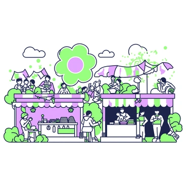 A lively spring festival is taking place in a vibrant outdoor setting. There are multiple stalls arranged in a row, each adorned with strings of "primroses" hanging from the awnings. People are milling about, engaging in conversations and browsing various stalls. One stall features "handcrafted jewelry" displayed on a wooden table, while another showcases "colorful pastries" arranged neatly. Brightly colored banners flutter in the gentle breeze above the stalls. In the background, a group of children are laughing and playing, with a "giant inflatable" in the shape of a flower nearby. Sunlight filters through the trees, casting dappled shadows on the ground.