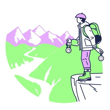 An adventurer is standing on the edge of a cliff, gazing out at a vast landscape. They are wearing rugged outdoor gear, including a jacket, boots, and a backpack. The adventurer holds a compass in one hand while the other hand is resting on their hip. In the background, there are distant mountain peaks and a valley below, with a winding river visible. The sky is clear, suggesting a sunny day.
