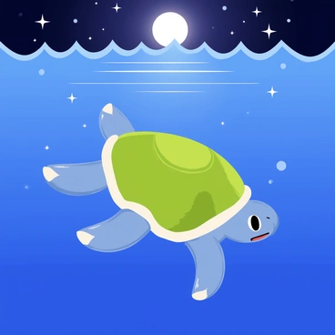A Blastoise swimming gracefully through clear blue water. The night sky above is illuminated by a bright, full moon casting silver light across the scene. Stars twinkle brightly, with their reflections shimmering on the surface of the water. Blastoise's powerful fins propel it smoothly, creating gentle ripples around it. The underwater scene is calm, showcasing the tranquil beauty of the moment.