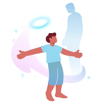 A child is standing with arms outstretched, surrounded by a "glowing halo" that emits a soft light. In the background, there is a "silhouette of a parent" standing protectively, slightly bent forward, suggesting a watchful presence. The scene is bathed in "gradient pastel colors" that blend harmoniously, enhancing the ethereal quality of the halo and the silhouette. The child's clothing is simple and colorful, adding contrast to the soft glow. The environment appears serene, with gentle hues that complement the overall composition.