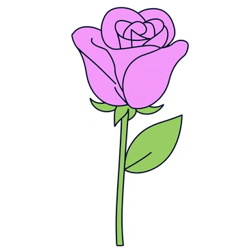 A delicate single rose with soft pink petals. The petals have clear dew drops shimmering on their surface. The rose is positioned upright, with a green stem and few leaves. The background is a smooth, light color that enhances the rose's features.