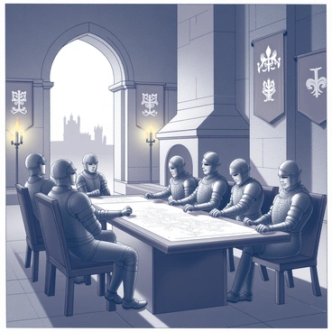 A stone hall with high, arched ceilings, illuminated by flickering torches. At a long, wooden table, several armored knights sit alongside elegantly dressed lords. Some knights are adorned with elaborate crest designs on their armor, while the lords wear ornate tunics embroidered with intricate patterns. The faces of the attendees show expressions of concentration and seriousness as they lean over maps spread across the table. In the background, banners representing various houses hang from the walls, and a large stone fireplace flickers, casting shadows across the room. A large window reveals the silhouette of a fortified castle in the distance.
