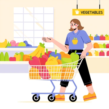 A joyful customer with a big smile is filling their cart with fresh produce at a vibrant grocery store. The customer has shoulder-length brown hair and is wearing a bright blue shirt. The cart is overflowing with colorful fruits and vegetables, including red apples, yellow bananas, green bell peppers, and orange oranges. Surrounding the customer, the grocery store features neatly arranged shelves filled with various items, and there are bright signs indicating different sections such as "Fruits" and "Vegetables." Sunlight streams through the large windows, illuminating the vibrant colors of the produce.