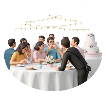 A wedding photographer, wearing a black shirt and camera strap, is poised behind a large round table decorated with white linens and floral centerpieces. He is focused on a group of guests, capturing a candid moment of laughter as they raise their glasses in a toast. In the background, other tables are filled with guests enjoying their meals, some smiling and others engaged in conversation. Soft lights hang overhead, creating a warm atmosphere, while a large wedding cake sits elegantly on a nearby table, surrounded by delicate decorations.