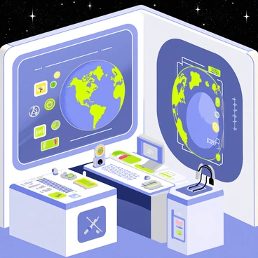 A 3D room inside a space station with sleek metallic walls and a high-tech console featuring buttons and screens glowing in various colors. In the center of the room, there is a large holographic display projecting a 3D map of the solar system. A large window provides a stunning view of the Earth, showcasing vibrant blue oceans and green continents. Various tools and futuristic gadgets are arranged neatly on the console, reflecting the advanced technology of the space station.