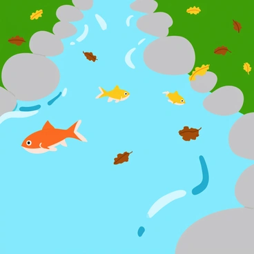 A clear, tranquil stream flowing gently over smooth, round stones. Colorful fish, including orange and yellow varieties, are swimming gracefully among the stones. The surface of the water reflects the surrounding greenery, while scattered fallen leaves in shades of brown and gold float atop the water. Sunlight dapples the scene, enhancing the vibrant colors of the fish and leaves.