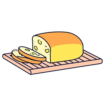 A freshly baked loaf of citron bread resting on a wooden cooling rack. The bread has a golden-brown crust with a slightly glossy finish. A few slices are slightly separated at one end, revealing the soft, pale yellow interior dotted with pieces of candied citron. The cooling rack has a simple grid pattern made of thin metal wires. The backdrop is plain and unobtrusive, emphasizing the loaf of bread.