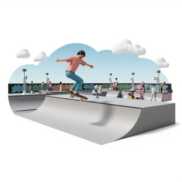 A skateboarder, wearing a black helmet, a red t-shirt, and blue jeans, is performing a trick on a skateboard. He is mid-air above a concrete half-pipe, showcasing a kickflip with his board rotating beneath him. In the background, a bustling urban skate park is visible, filled with various ramps and rails. Other skateboarders and spectators are present, some cheering while others are focused on their own tricks. Graffiti art adorns the walls of the skate park, adding vibrant colors to the scene. The sky above is clear with a few scattered clouds, showcasing a sunny day.