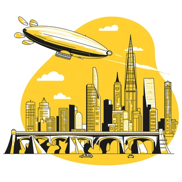 An airship is flying low over a sprawling cityscape with numerous towering skyscrapers reaching into the sky. The airship has a large, streamlined shape, equipped with fins and propellers. Below, the city is filled with various architectural styles, showcasing sleek facades and bright lights. There are bridges connecting different parts of the city, and some vehicles are seen moving along the elevated roads. In the background, the skyline is dotted with a mix of glass and metal structures, reflecting the urban environment.