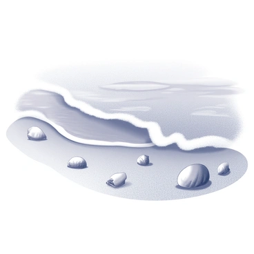 A gentle ocean wave is lapping at a sandy shore. The wave appears to be rolling in, with foamy edges meeting the soft, textured sand. Scattered across the beach are several seashells of varying shapes and sizes, partially buried in the sand, with some glistening in the soft light. The shoreline curves slightly, blending into the horizon where the ocean meets the sky. The sand has a fine grain, contrasting with the smooth surfaces of the seashells.