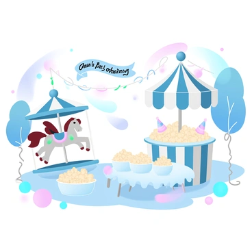 A vibrant birthday party is set up with a carnival theme. There is a colorful carousel with painted horses going up and down. Next to the carousel, a striped popcorn stand is overflowing with freshly made popcorn in large containers. Colorful balloons are scattered around the area, and a banner that reads "Happy Birthday" is hanging above the popcorn stand. Tables are decorated with cheerful tablecloths and party hats. Festive streamers are hung between nearby trees, adding to the celebratory atmosphere.