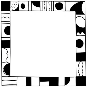 An illustration board with a border made of bold geometric patterns. The patterns consist of various shapes such as triangles, squares, and circles, arranged in a repetitive and symmetrical manner. The central area of the board is left blank, providing a stark contrast to the intricate border. The lines of the geometric shapes are thick and sharply defined, enhancing the overall visual impact of the design.