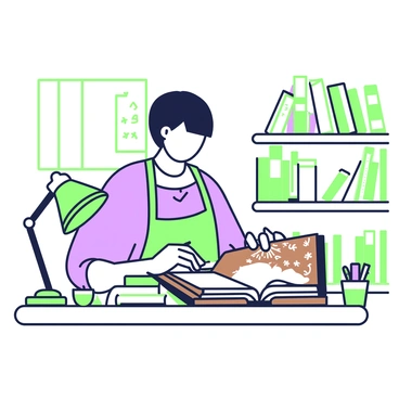 An artist is seated at a wooden table in a cozy library, carefully repairing an old, worn-out book. The book has a textured brown cover adorned with intricate designs that are partially faded. The artist has short hair and is wearing a light-colored apron over their clothing. They are focused on the pages, applying adhesive with a small brush. Surrounding the artist, there are shelves filled with various books, some stacked and others standing upright. A warm light from a nearby lamp highlights the artist's work and casts soft shadows across the table. A small cup holding various tools, such as a knife and thread, is placed to the side.